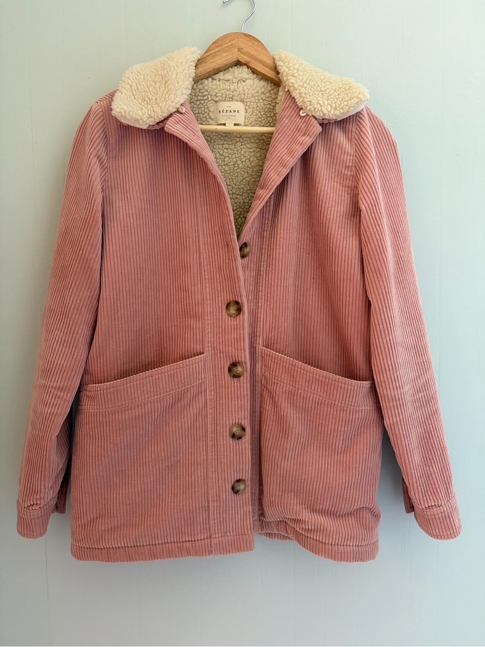 Sezane Will Jacket Womens Small Pink Corduroy Shearling Collar Coat - Picture 2 of 16